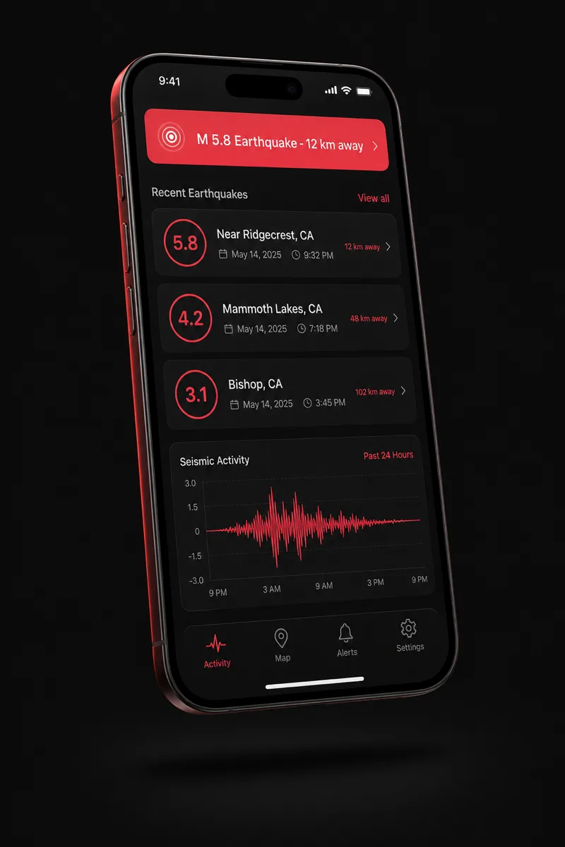 Fault Line app showing a real-time earthquake alert and recent earthquakes list